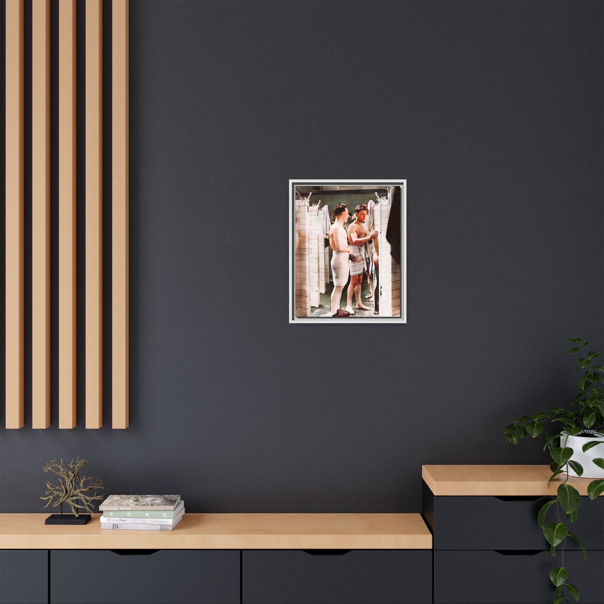 A restored and colorized vintage photo of Everard Baths in Manhattan, NYC. This framed matte canvas print celebrates LGBTQ+ history, capturing the spirit of camaraderie, liberation, and hidden stories from the past.