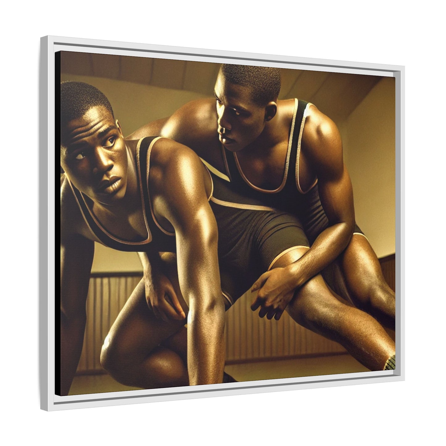 Framed artwork inspired by Grant Wood, showcasing African-American wrestlers in a vintage gymnasium setting. A powerful tribute to teamwork, resilience, and regionalist art.