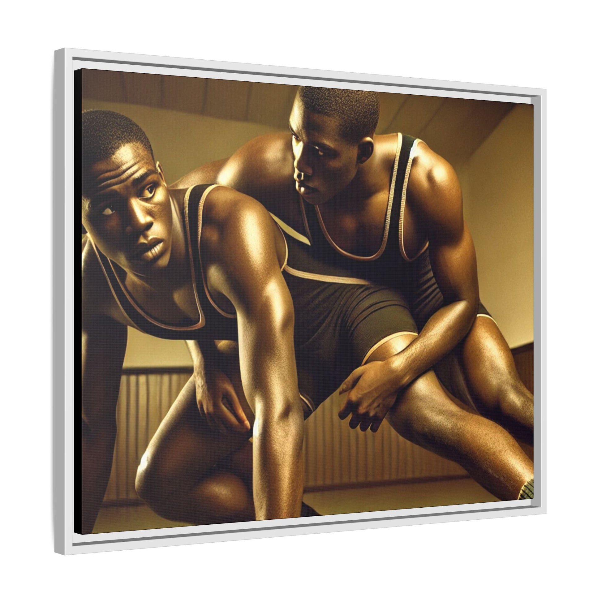 Framed artwork inspired by Grant Wood, showcasing African-American wrestlers in a vintage gymnasium setting. A powerful tribute to teamwork, resilience, and regionalist art.