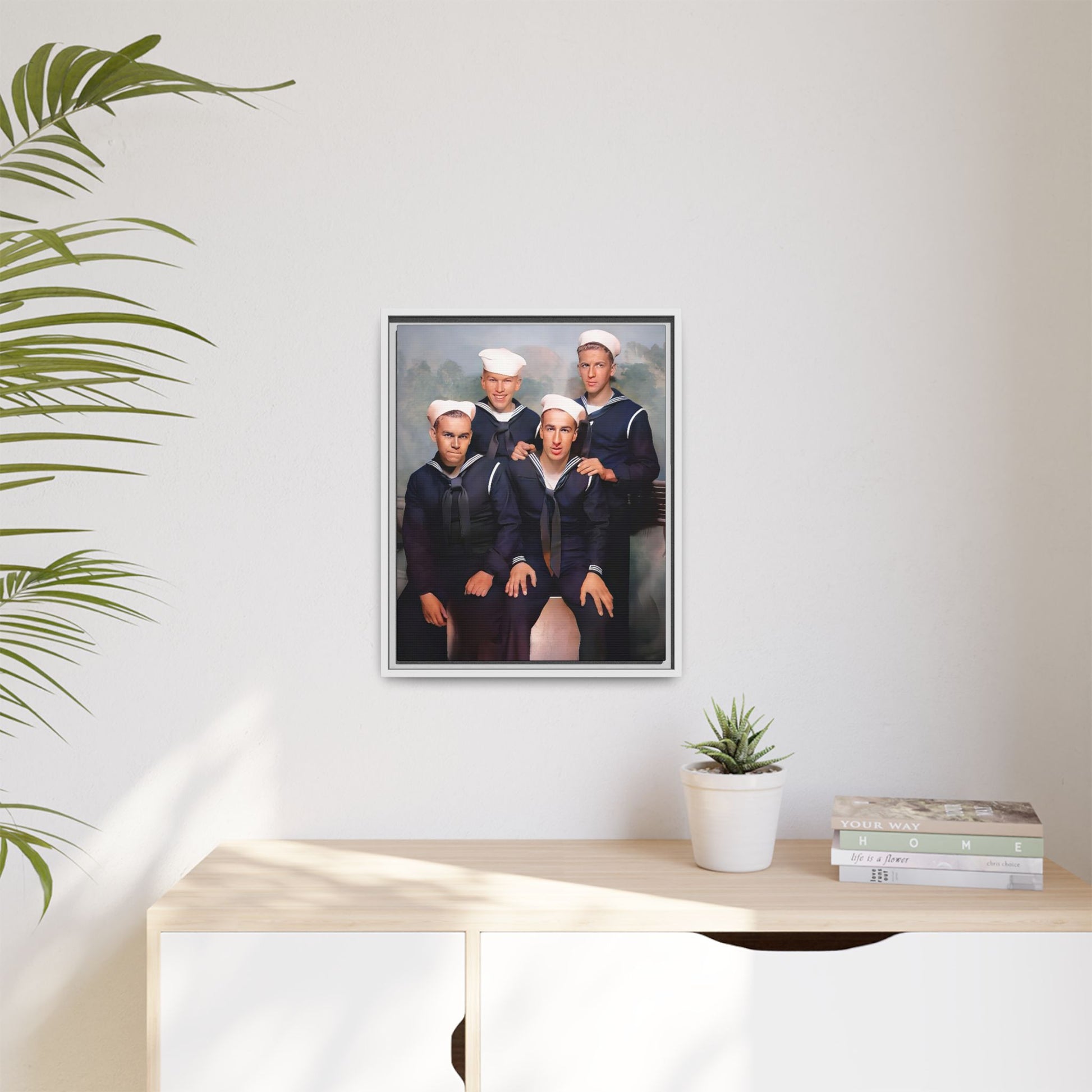 A framed vintage naval portrait on matte canvas featuring four sailors at Naval Station Great Lakes, capturing unity, service, and military pride.