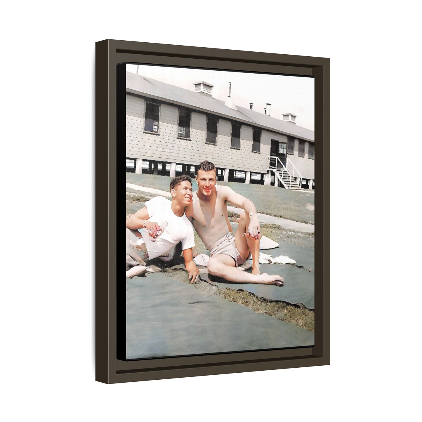 A framed vintage military portrait on matte canvas featuring Wayne and Jerry at Camp Blanding, Florida, capturing a timeless LGBTQ+ connection and companionship.
Gay Couple