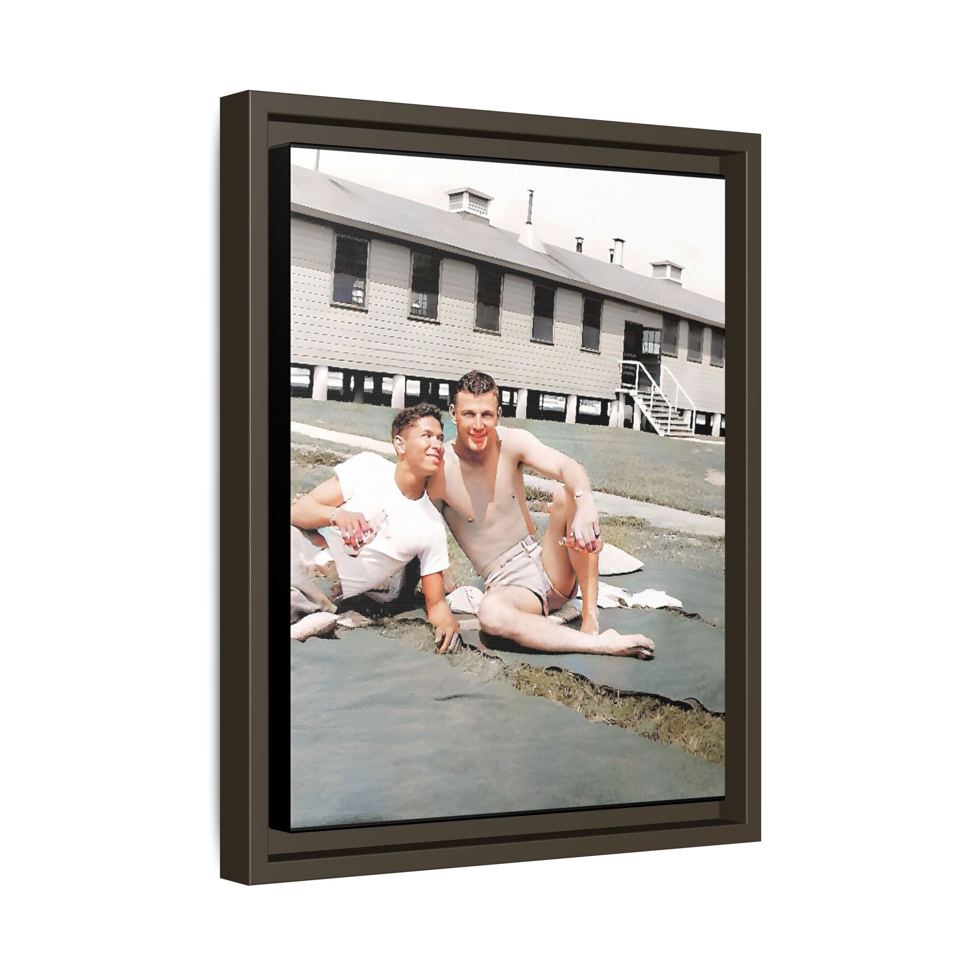 A framed vintage military portrait on matte canvas featuring Wayne and Jerry at Camp Blanding, Florida, capturing a timeless LGBTQ+ connection and companionship.
Gay Couple
