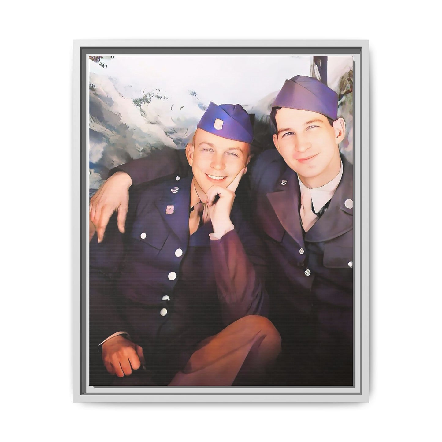 A restored vintage portrait of Willie & Louis at Metro-North Railroad in Harlem, New York. This framed matte canvas celebrates LGBTQ+ history, African American heritage, and timeless love. Gay Couple Love