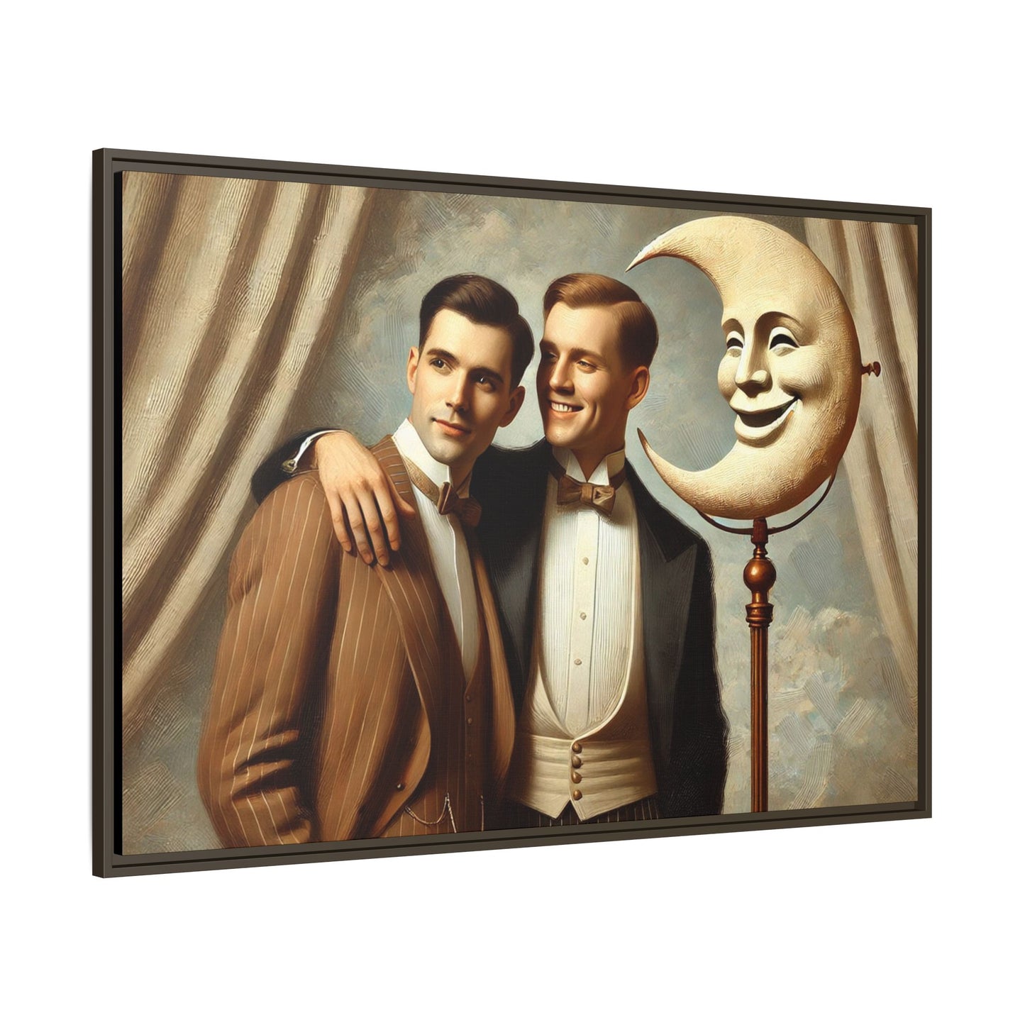 Framed matte canvas artwork of two men in vintage tuxedos standing beside a crescent moon prop. This piece reclaims LGBTQ+ representation lost to bias and honors everyday moments of affection and connection once absent from historical archives.