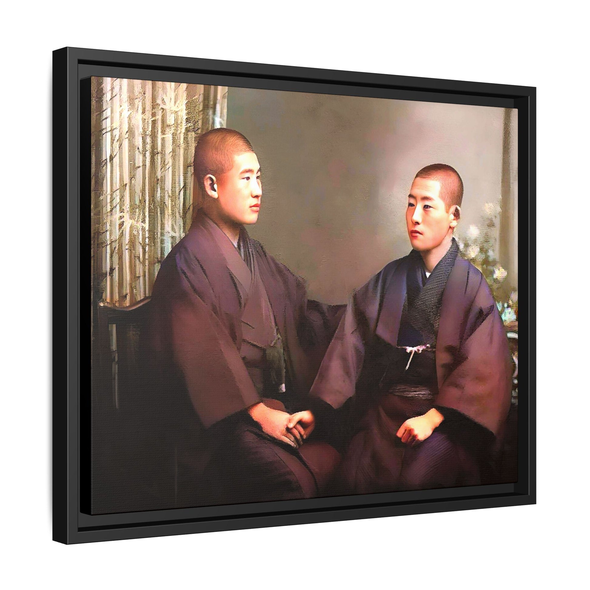 A vintage portrait of Hiroto & Atsushi in Kyoto, Japan. This framed matte canvas celebrates LGBTQ+ love, cultural heritage, and timeless elegance, making it a unique and meaningful art piece for collectors and history enthusiasts. Gay Couple