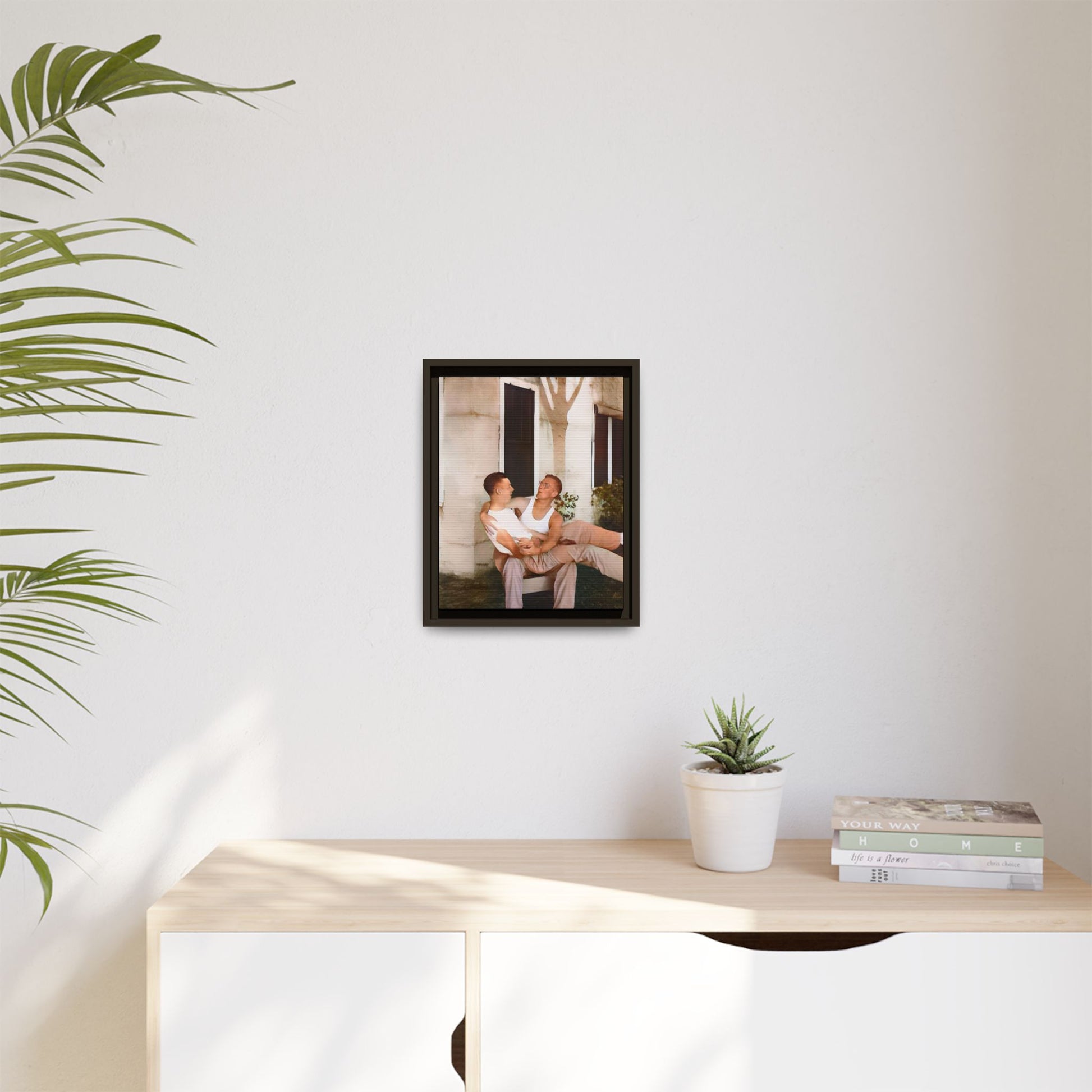A vintage photograph of Donald and Joseph, two men embracing with joy in 1930s New Orleans. Captured in warm sunlight against a rustic Louisiana home, this intimate portrait celebrates LGBTQ+ history, love, and the beauty of unspoken connection. Gay Couple