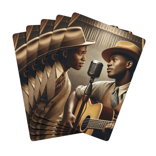 Vintage-style poker deck featuring two Black musicians sharing a microphone, dressed in classic jazz-era suits, celebrating queer love and music history. Black Love