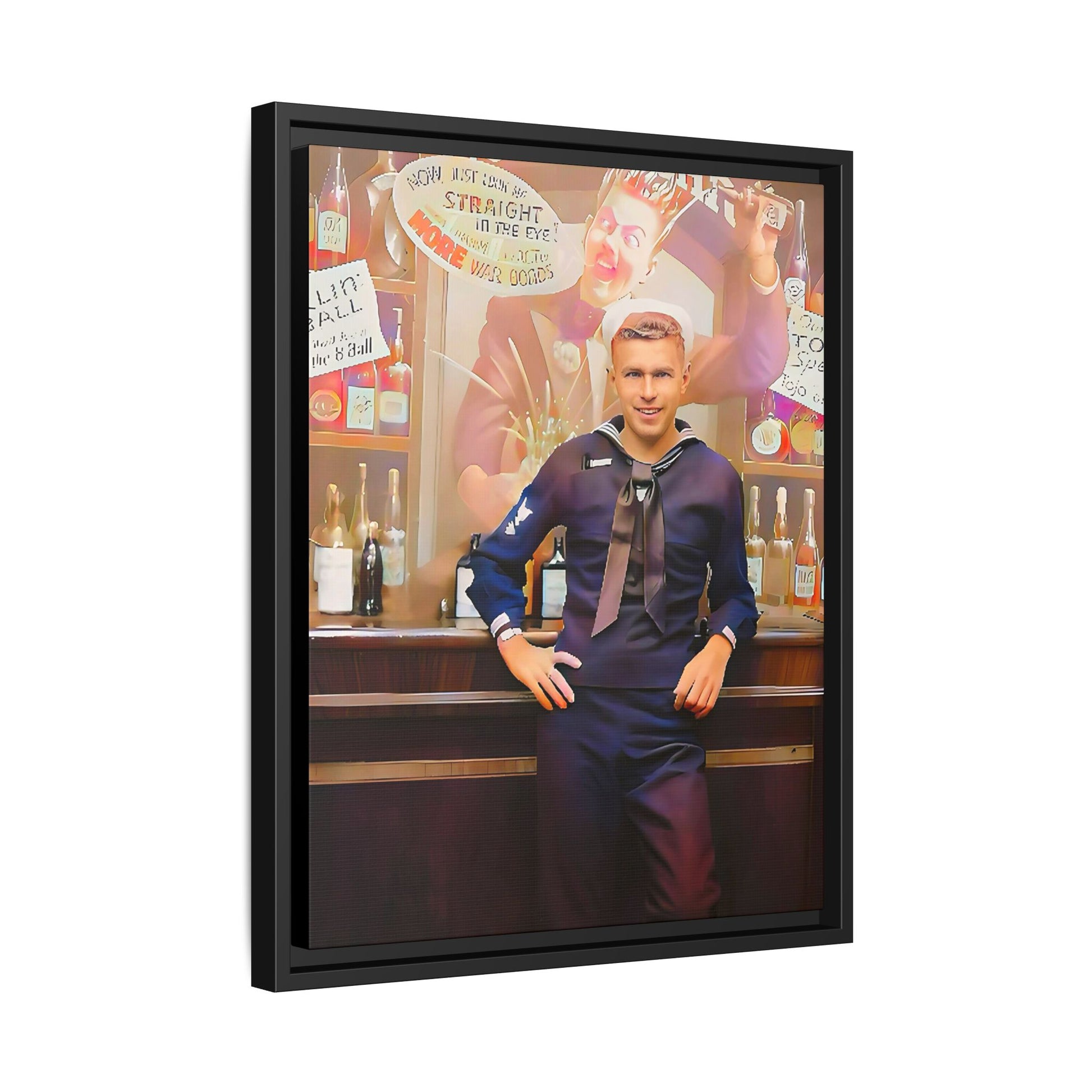 A restored WWII-era portrait of Charles at Brooklyn Navy Yard, New York. This framed matte canvas print captures the resilience and camaraderie of wartime sailors, featuring vintage war bond advertisements and classic Navy charm.