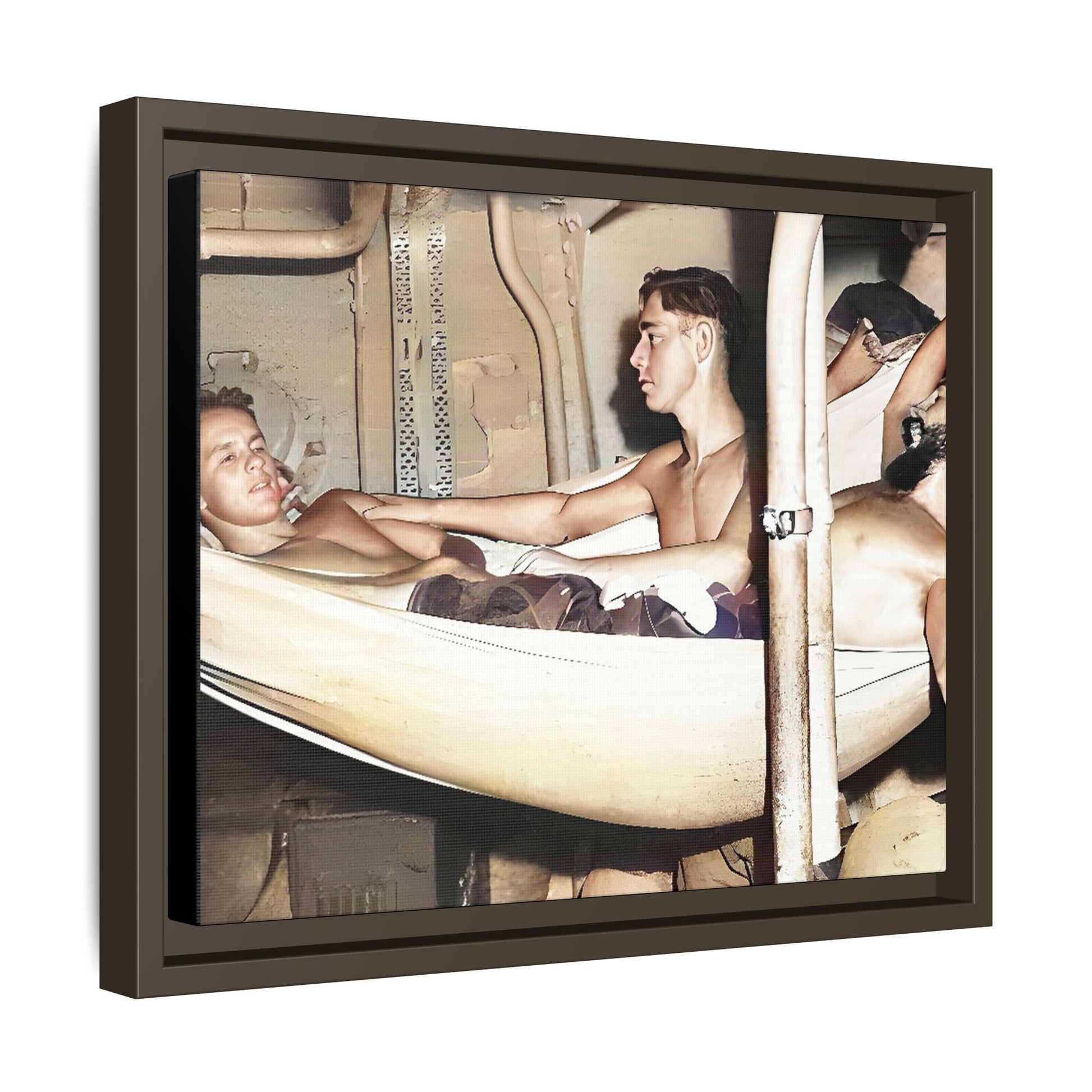 A framed vintage maritime photo on matte canvas featuring sailors aboard the Orleans, capturing life at sea and camaraderie.