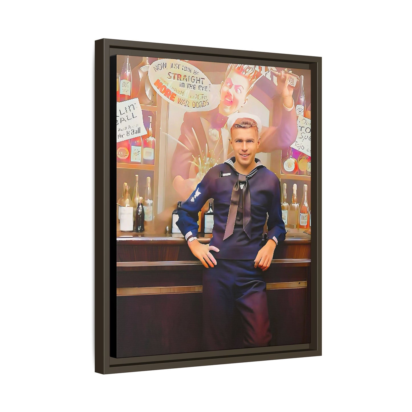 A restored WWII-era portrait of Charles at Brooklyn Navy Yard, New York. This framed matte canvas print captures the resilience and camaraderie of wartime sailors, featuring vintage war bond advertisements and classic Navy charm.