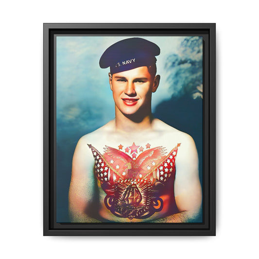 A striking vintage portrait of Charlie, a proud U.S. Navy sailor at Norfolk Navy Yard, showcasing a patriotic tattoo. This framed matte canvas print celebrates military history, individuality, and LGBTQ+ representation—perfect for collectors and history enthusiasts.