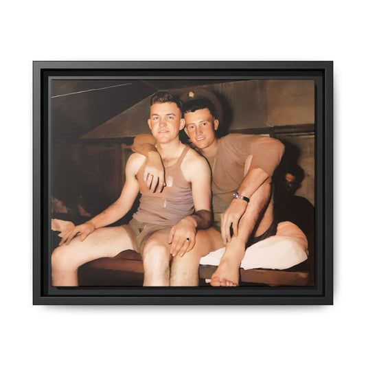 Barracks, Oahu. This framed canvas print honors LGBTQ+ history, military camaraderie, and timeless love, making it a unique and meaningful piece for collectors and history enthusiasts.