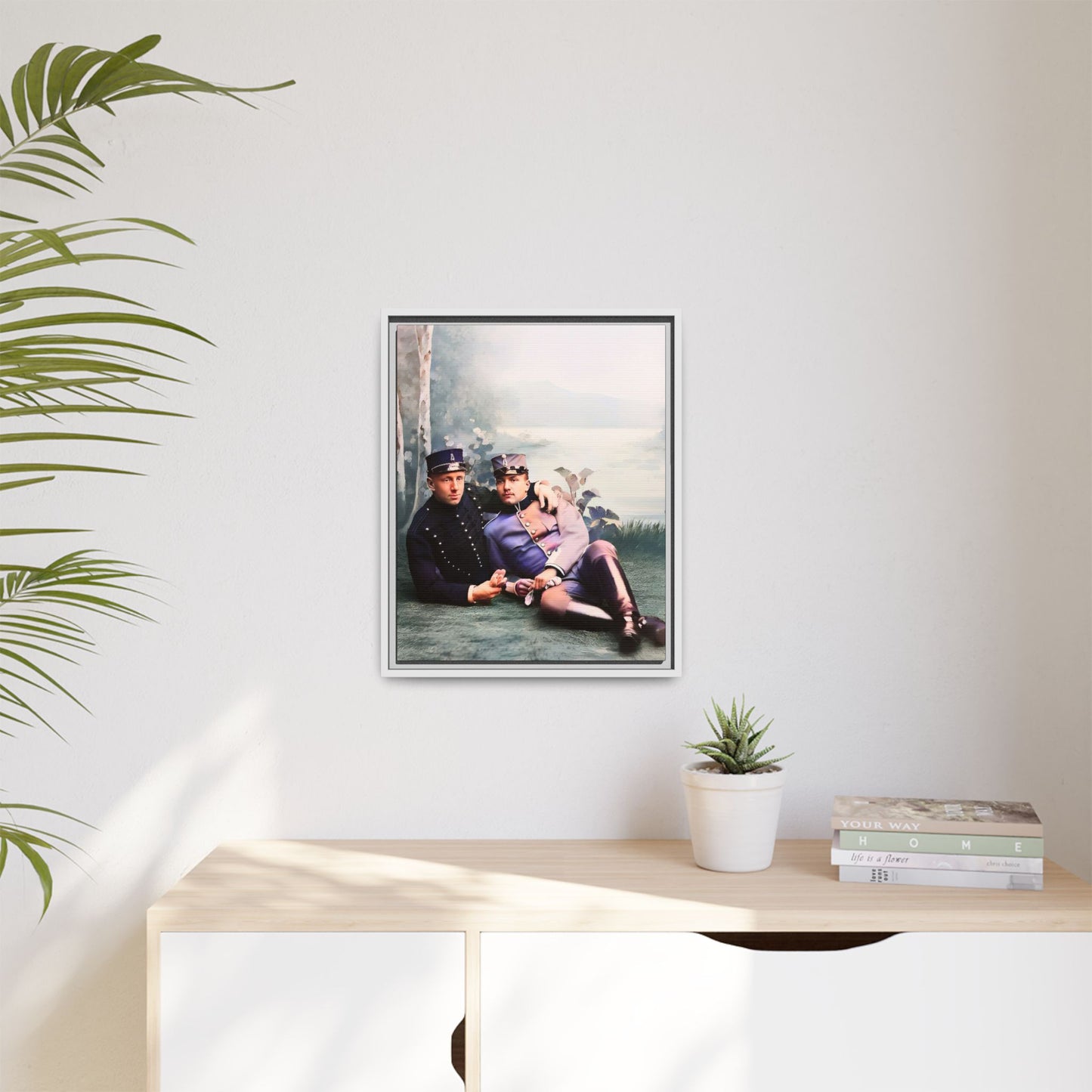 Restored early 1900s photo of Karl and Mats in Swedish military uniforms, reclining by a lakeside, celebrating LGBTQ+ love and history, framed as wall art. Gay Couple Vintage foto homosexuella par