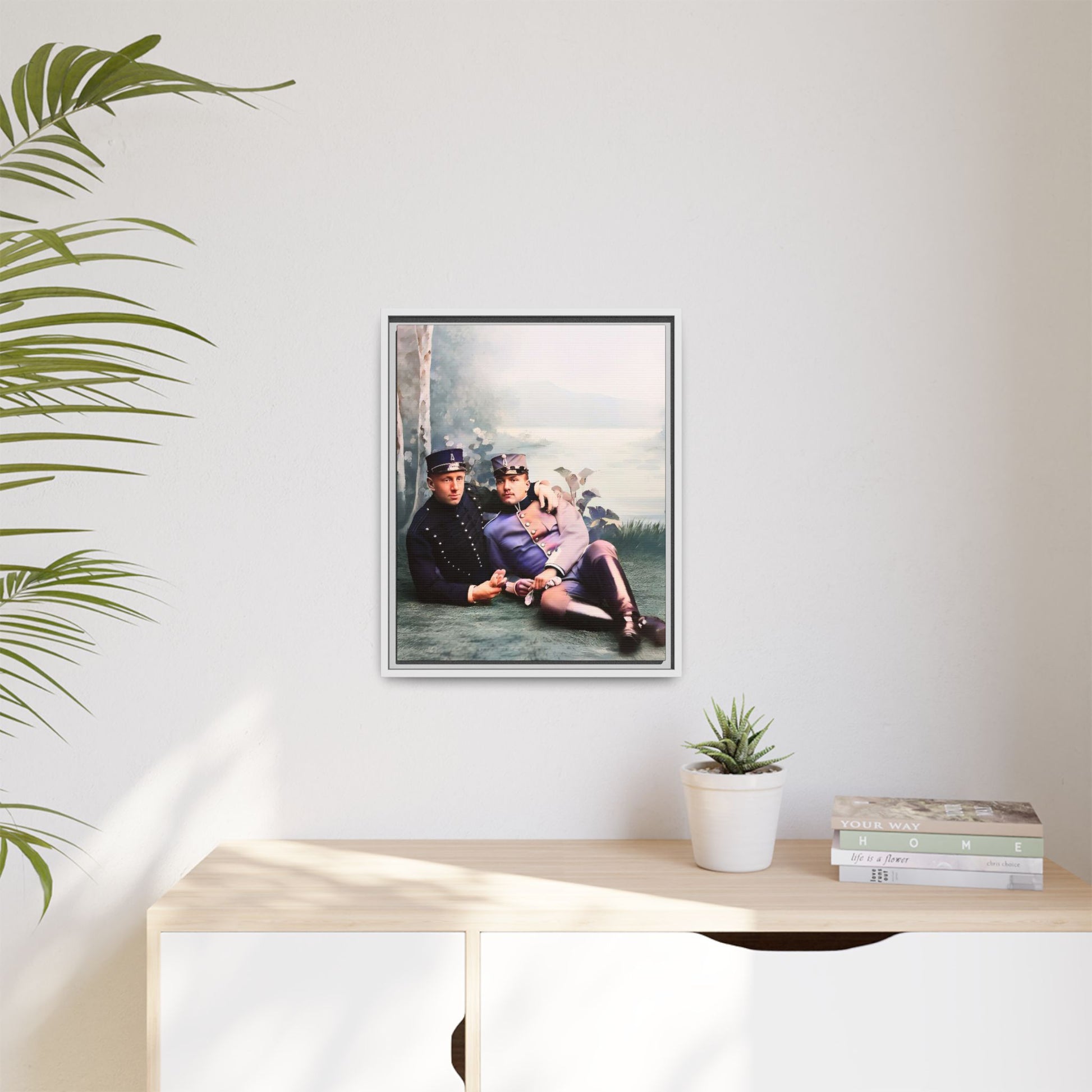 Restored early 1900s photo of Karl and Mats in Swedish military uniforms, reclining by a lakeside, celebrating LGBTQ+ love and history, framed as wall art. Gay Couple Vintage foto homosexuella par