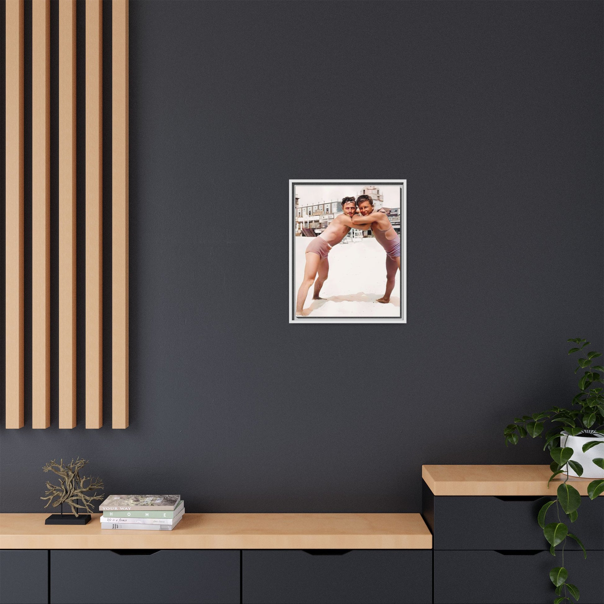 A vintage LGBTQ+ beach photo of Kenneth and Herman in Atlantic City, celebrating summer love and nostalgia. This restored and colorized canvas print captures the joy of seaside romance, making it a perfect addition to any vintage decor collection.