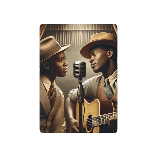 Vintage-style poker deck featuring two Black musicians sharing a microphone, dressed in classic jazz-era suits, celebrating queer love and music history. Black Love
