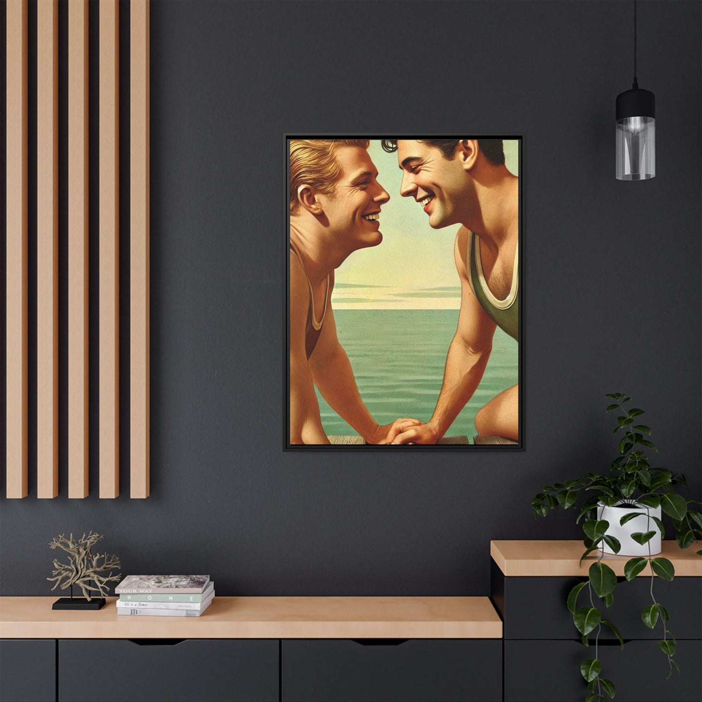 Vintage-style artwork of a joyful 1930s moment between a gay couple by the lake, dressed in classic swimwear and sharing warm smiles. Set on a serene wooden dock, this piece captures love, companionship, and LGBTQ+ history in an idyllic, nostalgic summer setting.