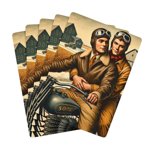 Grant Wood Tribute Poker Cards featuring two aviator-clad men on a vintage motorcycle, symbolizing hidden queer love in Americana