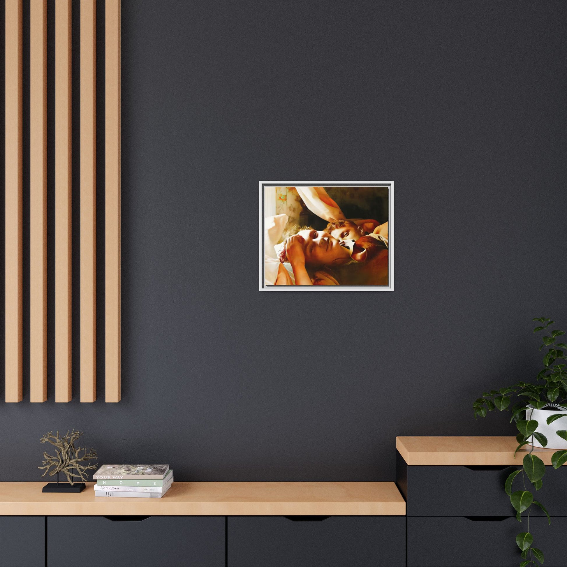 A heartwarming vintage portrait of Edwin and Floyd in Burlington, Vermont. This framed canvas print captures a quiet moment of LGBTQ+ love and intimacy, perfect for home decor, collectors, or as a sentimental gift celebrating timeless affection.