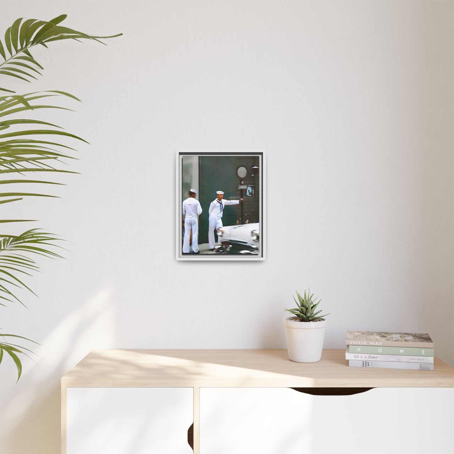 A restored vintage portrait of two sailors in Boystown, Northalsted, Chicago. This framed matte canvas celebrates LGBTQ+ history, urban charm, and community pride.