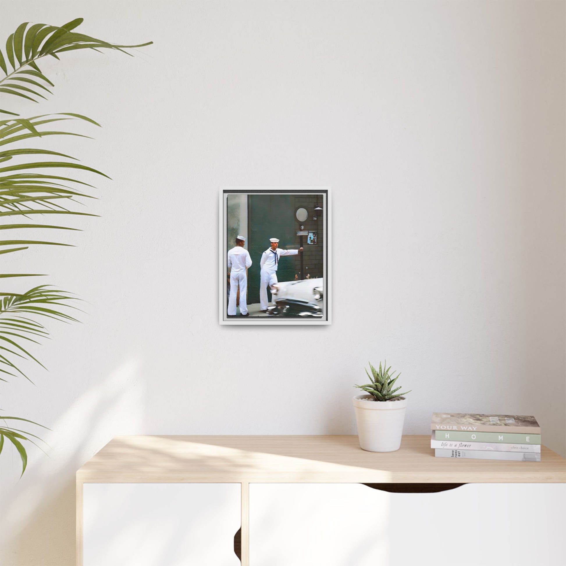 A restored vintage portrait of two sailors in Boystown, Northalsted, Chicago. This framed matte canvas celebrates LGBTQ+ history, urban charm, and community pride.