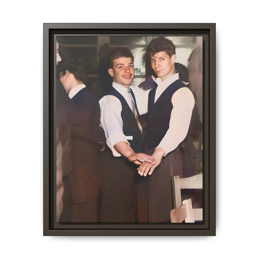 Restored and colorized mid-20th century photo of Clarence and Francis dancing, celebrating LGBTQ+ love and resilience, framed as a matte canvas wall décor piece. Gay Couple