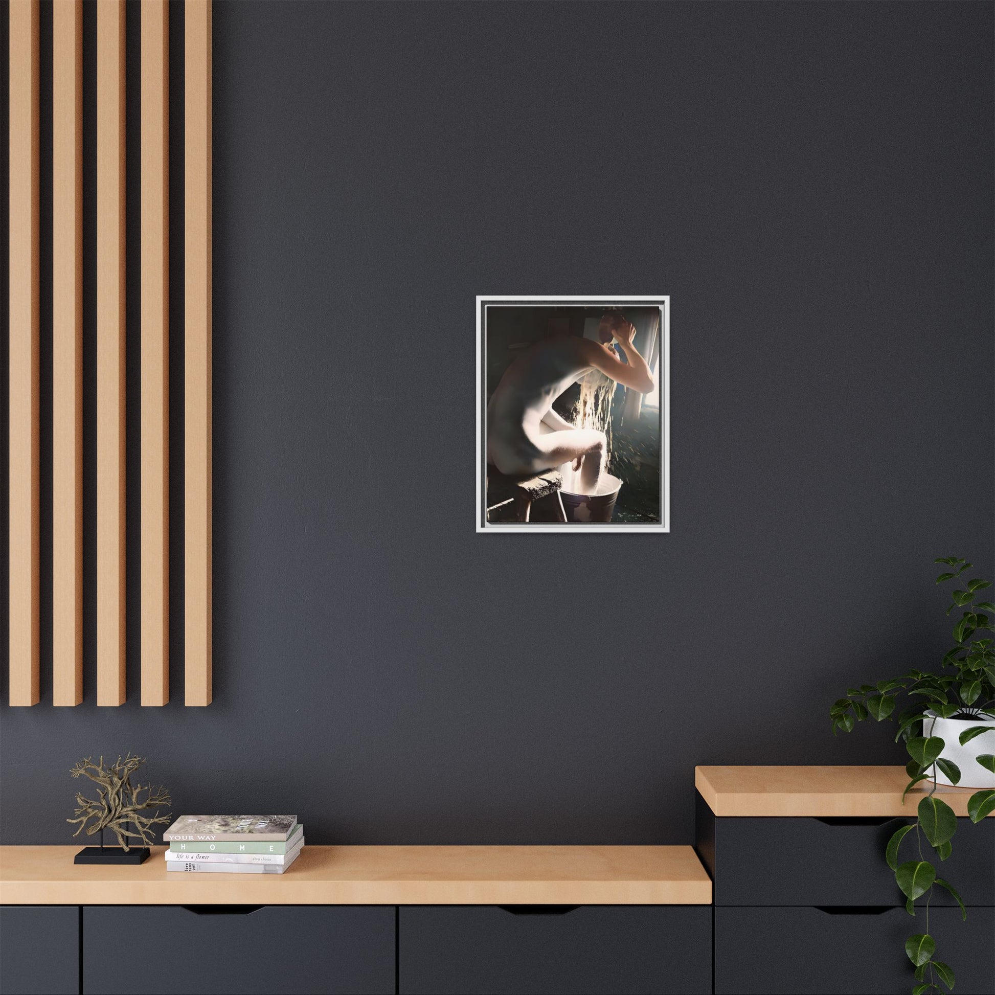 Restored early 20th-century photo of Roy during a rustic bathing ritual in Rock Springs, Wyoming, framed as wall décor celebrating simplicity and renewal.