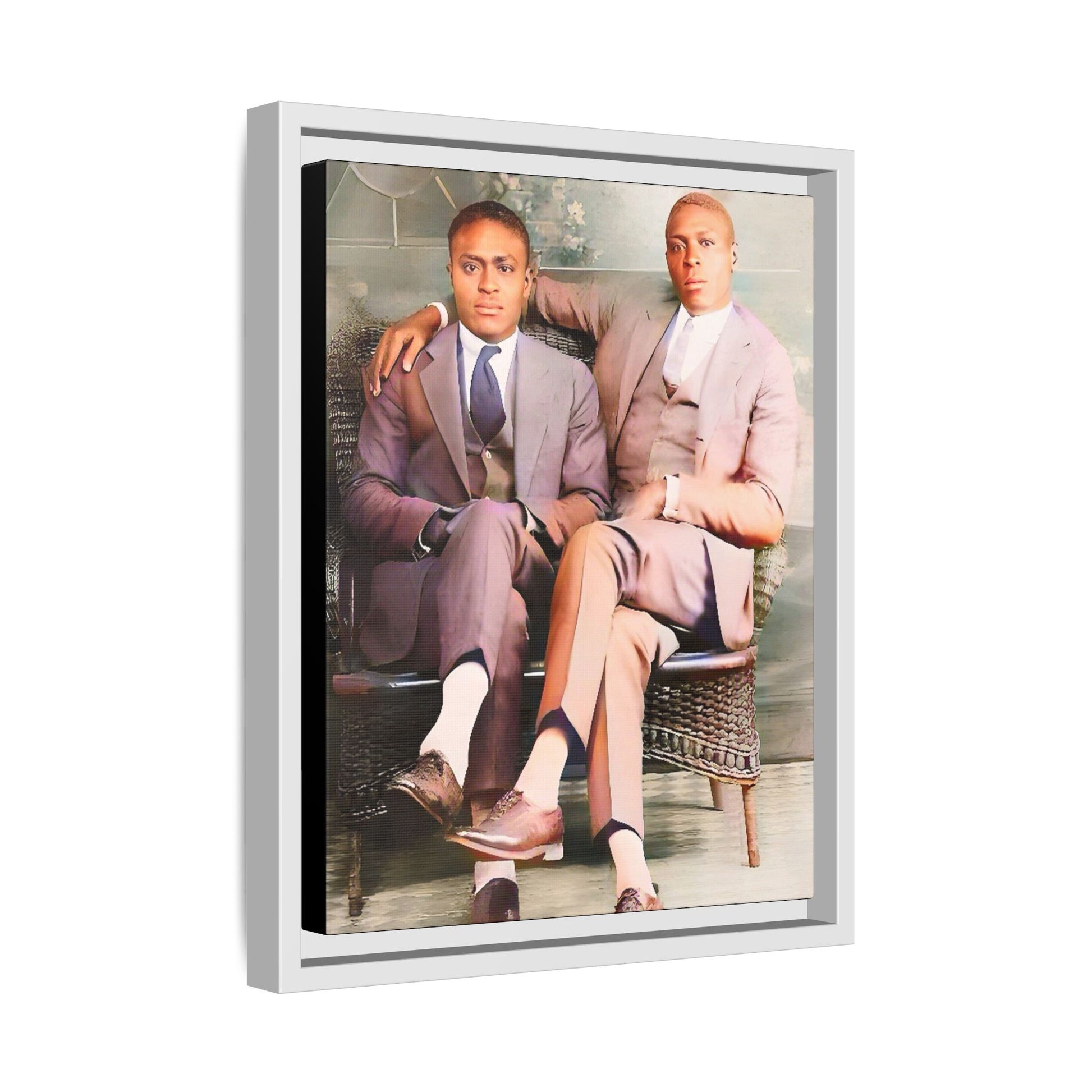 Restored vintage portrait of Walter & George, an African American gay couple seated in Birmingham AL, framed canvas art. Gay Juneteenth Black Love History Month