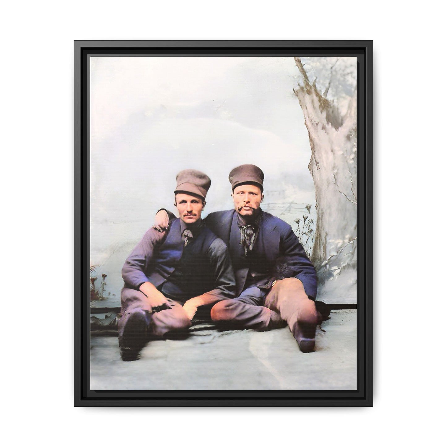 A restored vintage portrait of Stig & Sven, a Dutch American couple in Orange City, Iowa. This framed matte canvas honors LGBTQ+ history, resilience, and love in a winter setting. Gay Couple