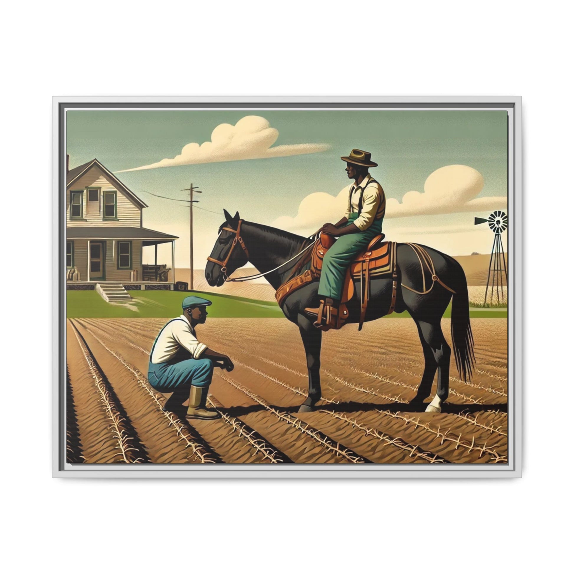 Artwork of an African American queer couple working together on a farm in a serene, vintage-inspired landscape. One man sits on horseback, gazing warmly at his partner, who examines the soil, symbolizing their partnership in both love and labor. The scene captures resilience, companionship, and the beauty of rural life.