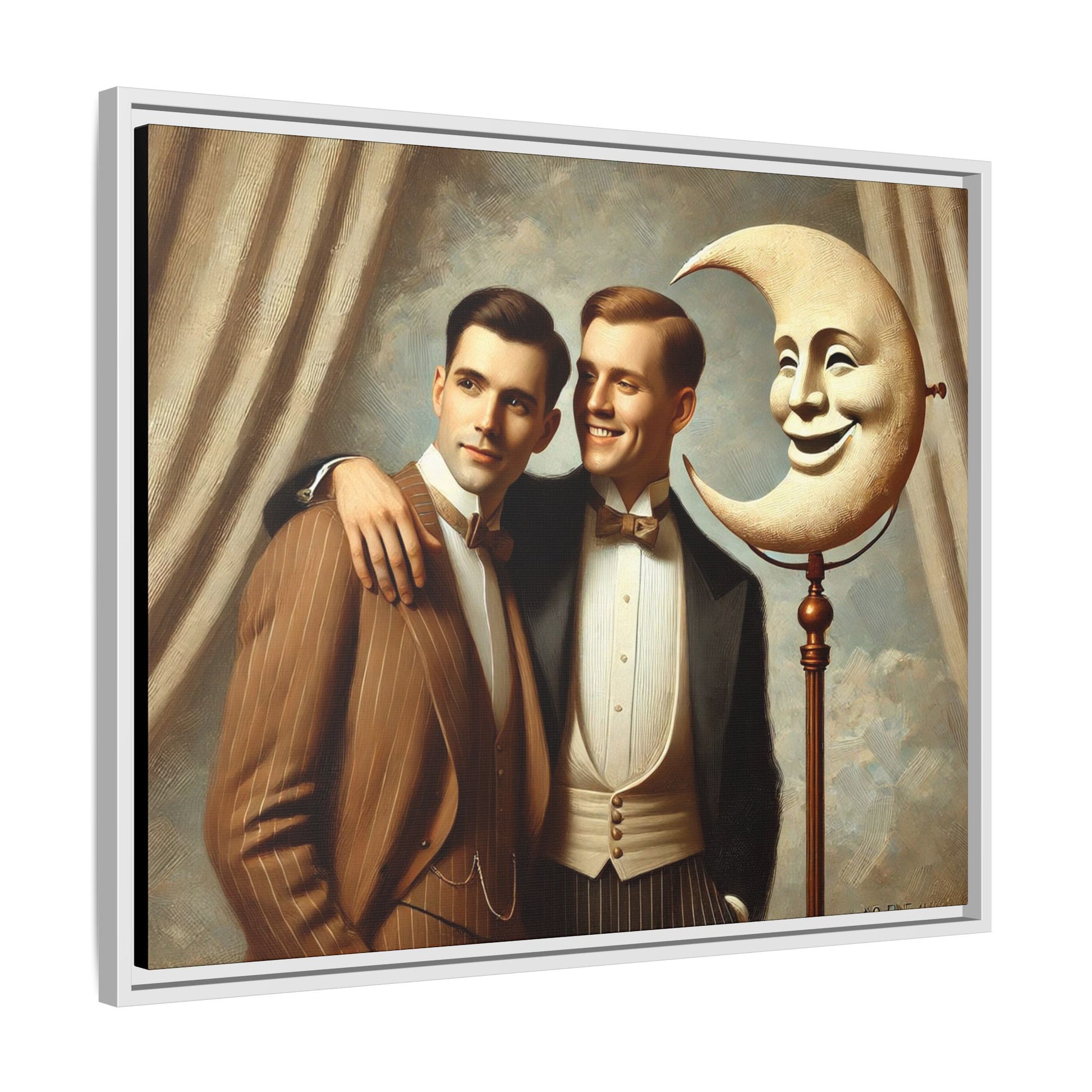 Framed matte canvas artwork of two men in vintage tuxedos standing beside a crescent moon prop. This piece reclaims LGBTQ+ representation lost to bias and honors everyday moments of affection and connection once absent from historical archives.