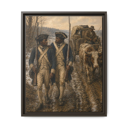 Museum-inspired historical canvas featuring Black Revolutionary War soldiers escorting military supplies through a winter landscape.