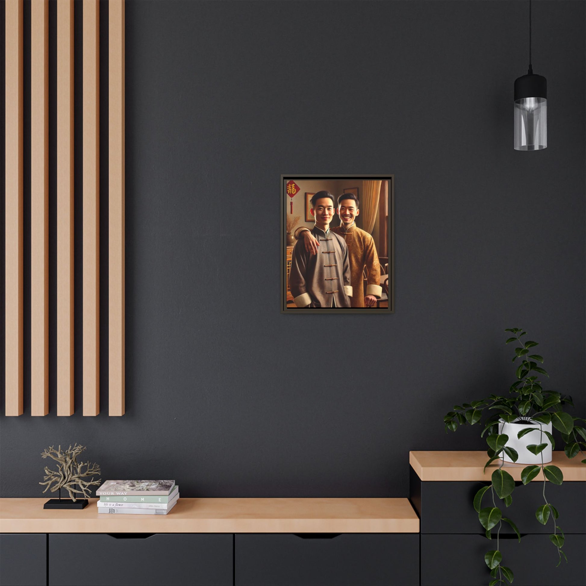 Artwork featuring a joyful portrait of a Chinese queer couple celebrating Chinese New Year in traditional attire. Set in a cozy American home adorned with subtle decorations, this image captures love, cultural pride, and warmth, blending Chinese heritage with a Midwestern setting
