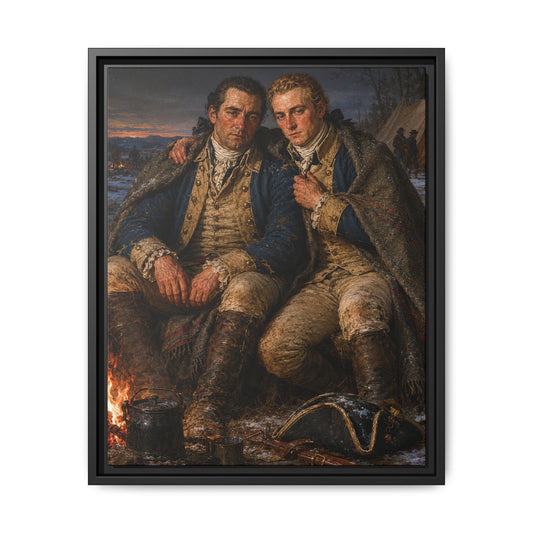 Two Continental Army soldiers seated beside a winter campfire beneath a shared blanket in a Revolutionary War encampment framed matte canvas by Walt & Pete®