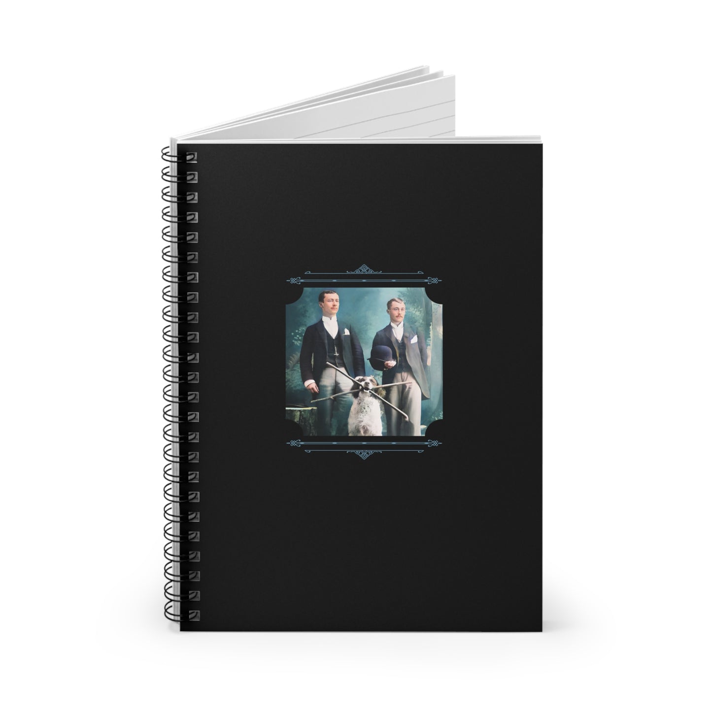 Colorized historical image of two men in formal suits with a dog, seated in a Victorian-era studio, on notebook cover