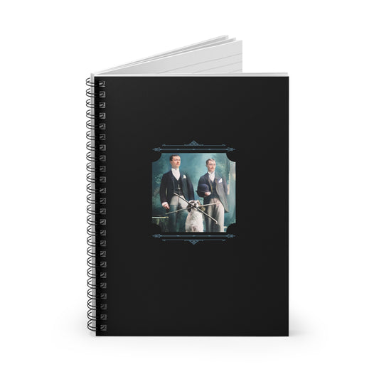 Colorized historical image of two men in formal suits with a dog, seated in a Victorian-era studio, on notebook cover