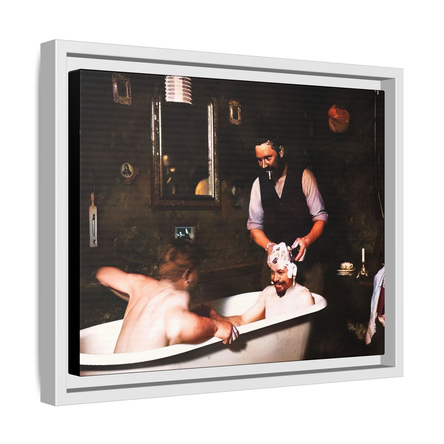 Restored vintage photo of camaraderie at Walsh Depot, Battle Mountain, NV, featuring a clawfoot tub, and framed canvas art. Naked Men in the bathtub. Gay Bears