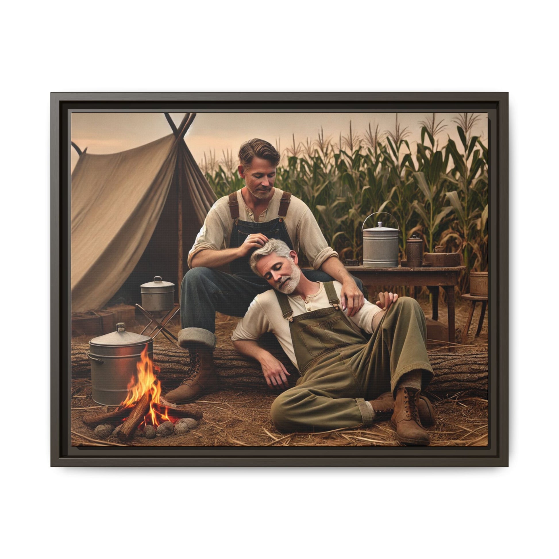 Older queer couple sharing a tender moment by the campfire, celebrating love