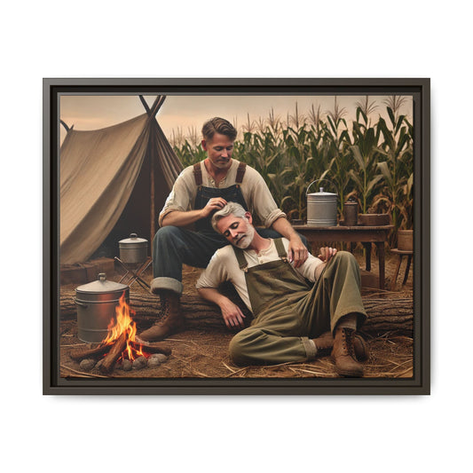 Older queer couple sharing a tender moment by the campfire, celebrating love