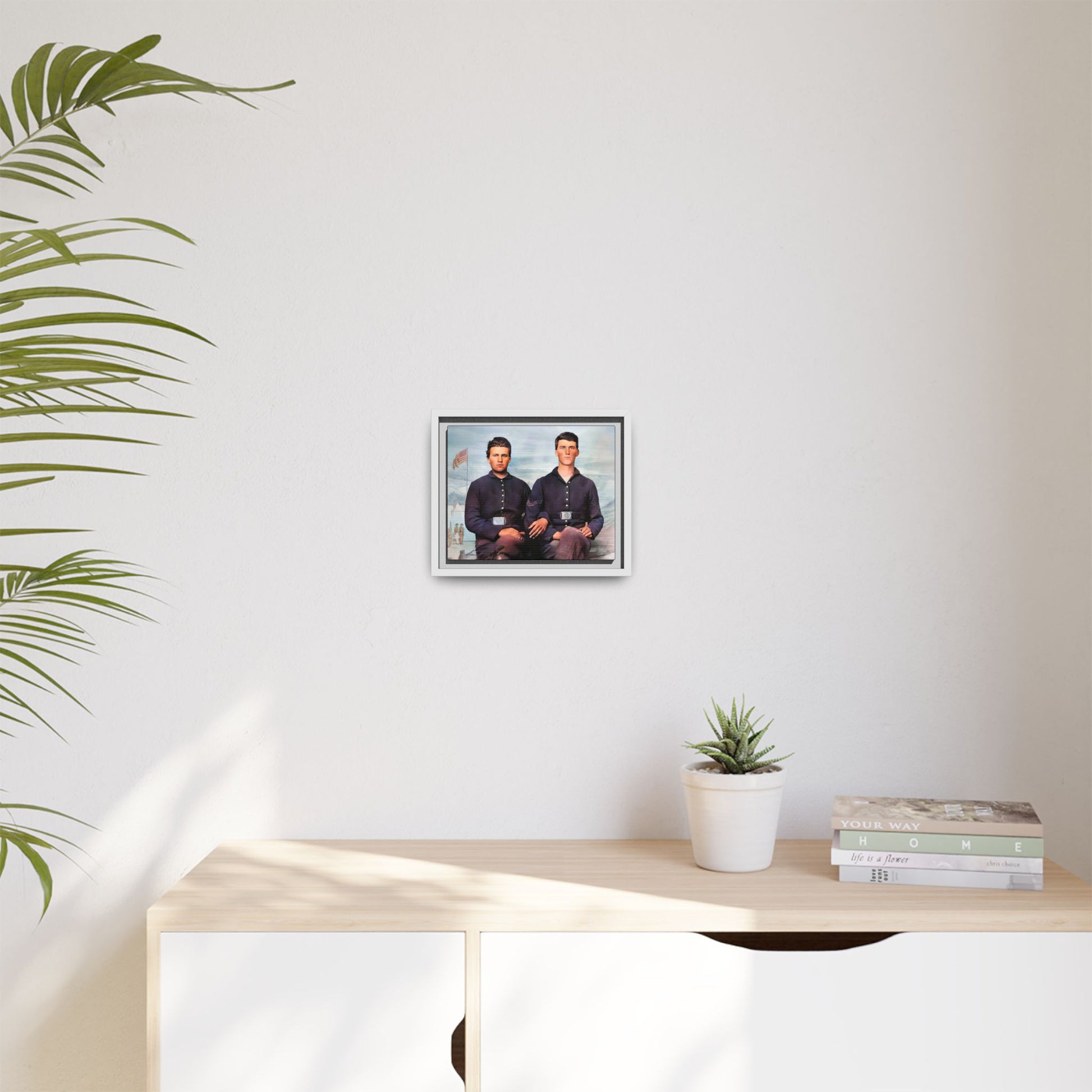 A framed vintage Civil War photo on matte canvas featuring two Union soldiers at Camp Curtin, honoring military history. Gay Couple
