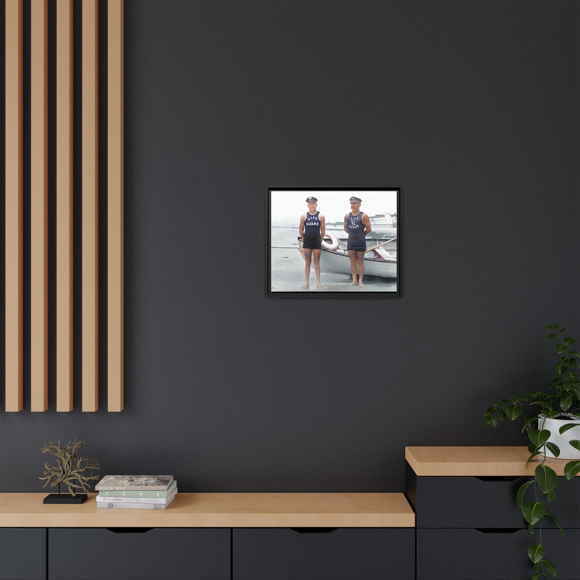 A nostalgic framed canvas print of vintage lifeguards in Cape May, NJ. This coastal artwork captures the charm of early 20th-century beach life, making it perfect for lovers of maritime history, seaside decor, and Americana enthusiasts.