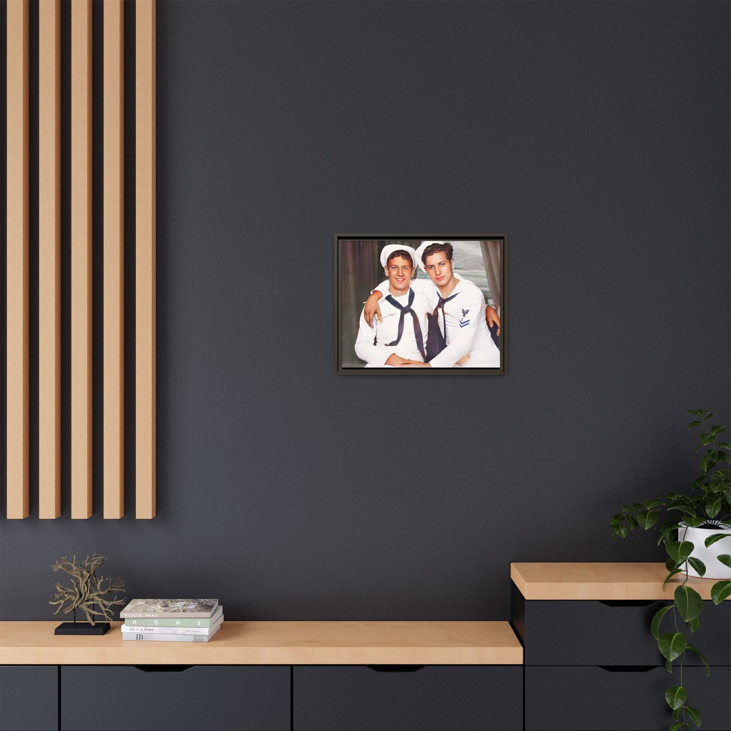 A restored vintage Navy portrait of Kenny and William at Fort Lee, Virginia. This framed matte canvas print honors military camaraderie, resilience, and LGBTQ+ history with a timeless tribute to friendship and love. Gay Couple Sailors Navy