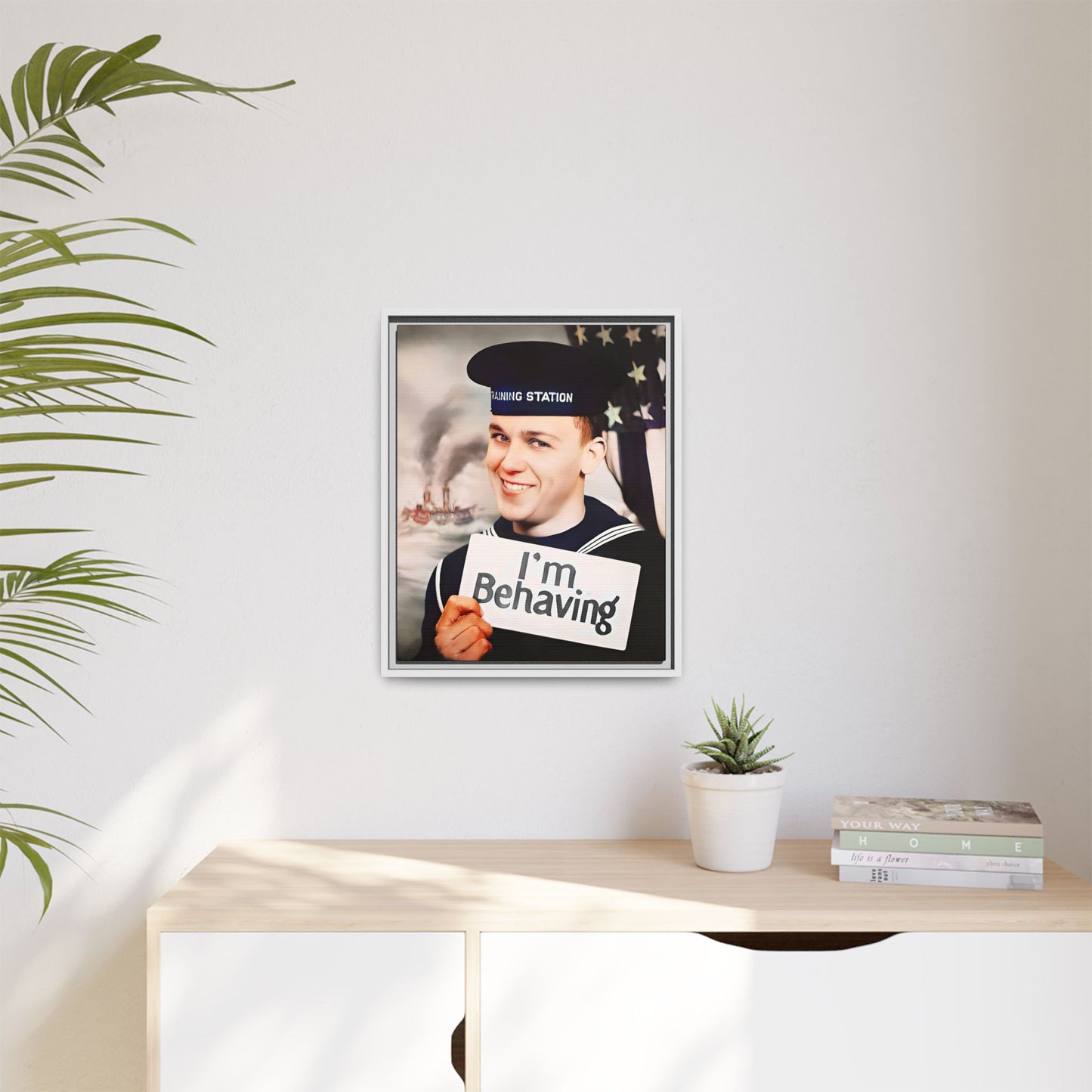 A vintage U.S. Navy sailor portrait featuring Carl at the Washington Navy Yard, grinning while holding a card reading "I'm Behaving." This framed matte canvas print is a charming mix of humor and military history, perfect for collectors and veterans.