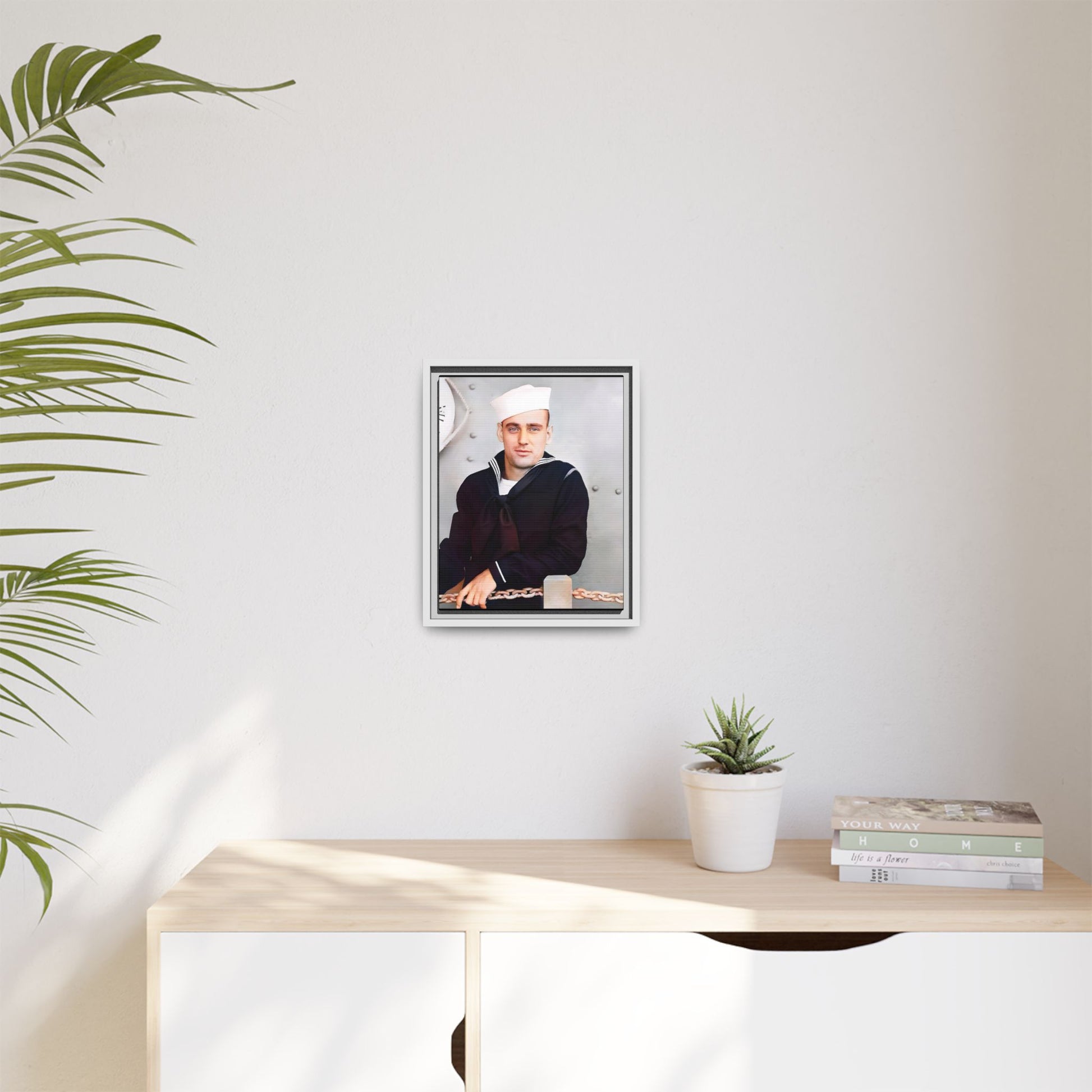 A restored vintage portrait of Francis aboard the USS Might. This framed matte canvas captures naval history, service, and timeless duty.