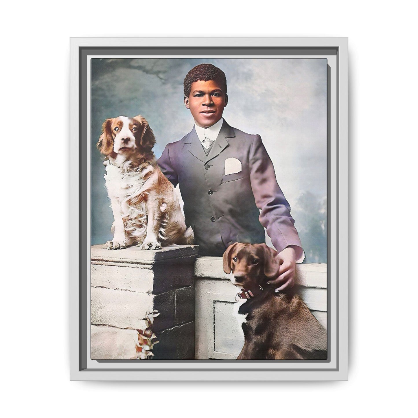 A restored vintage portrait of Marcus with his dogs, Buster and Ellis, in Charlotte, North Carolina. This framed matte canvas print captures the elegance of Southern charm and the enduring bond between a man and his loyal companions. Vintage Dog Portrait