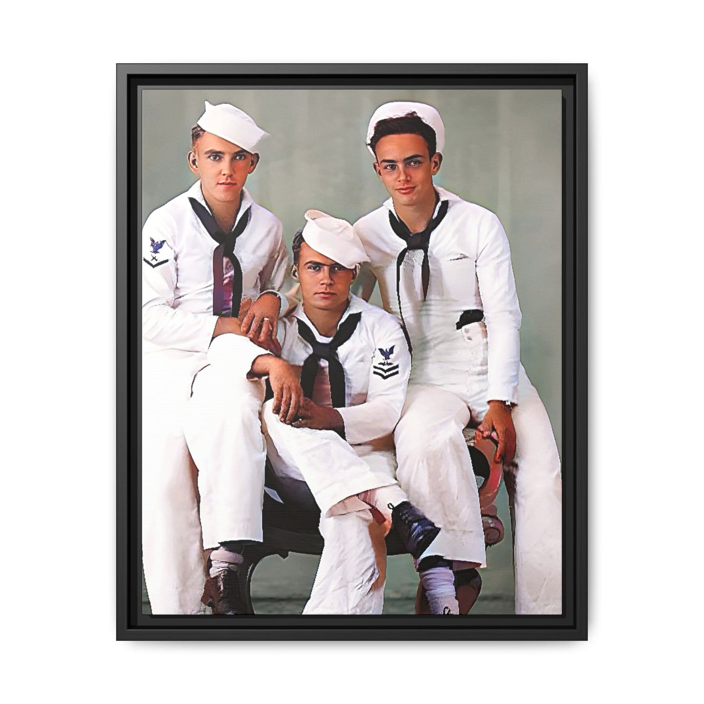 A restored vintage portrait of three sailors aboard the USS Alabama. This framed matte canvas honors naval history, camaraderie, and timeless service.