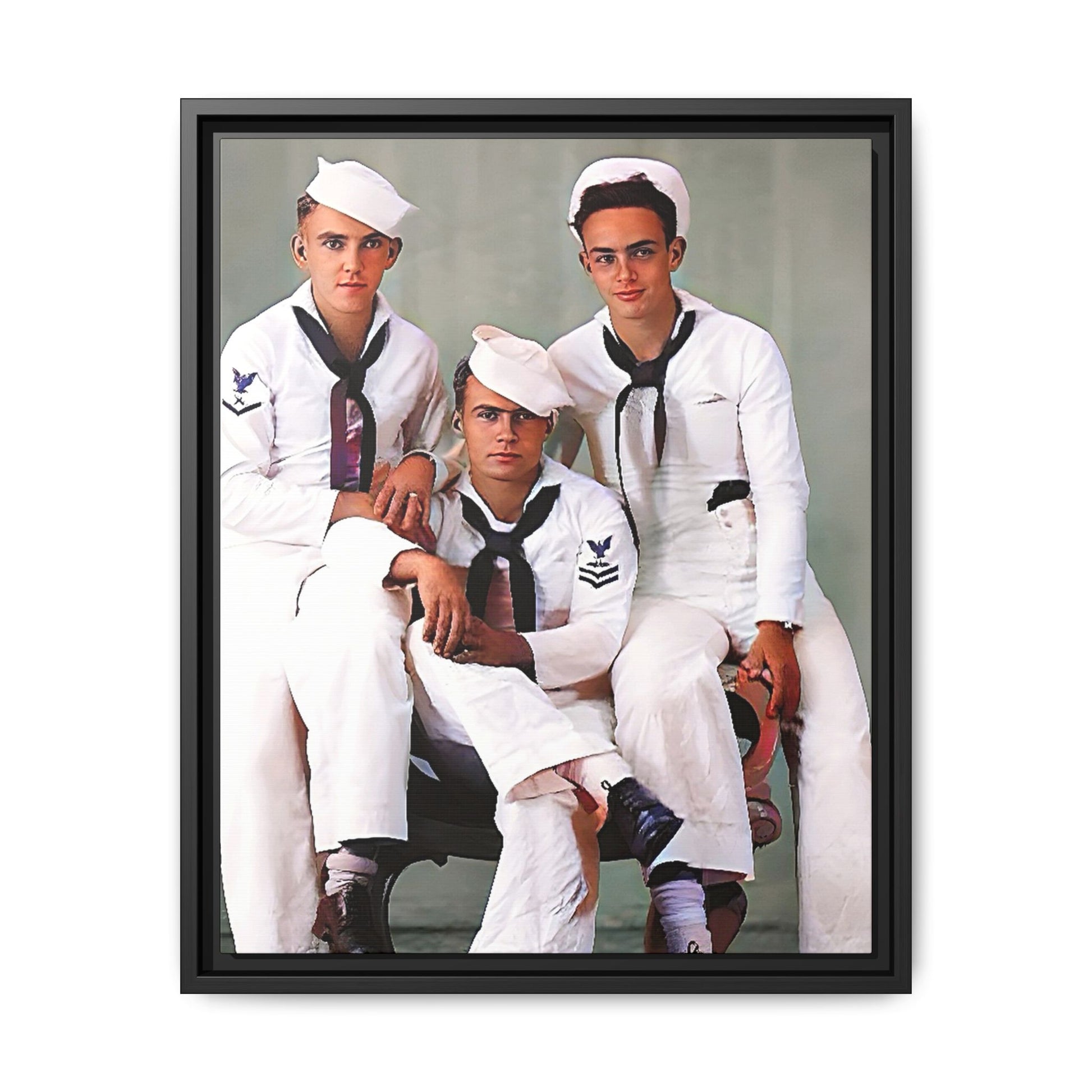 A restored vintage portrait of three sailors aboard the USS Alabama. This framed matte canvas honors naval history, camaraderie, and timeless service.