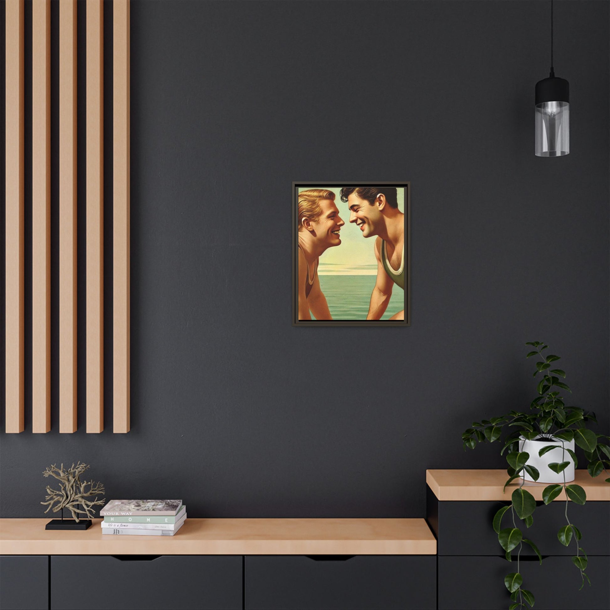 Vintage-style artwork of a joyful 1930s moment between a gay couple by the lake, dressed in classic swimwear and sharing warm smiles. Set on a serene wooden dock, this piece captures love, companionship, and LGBTQ+ history in an idyllic, nostalgic summer setting.