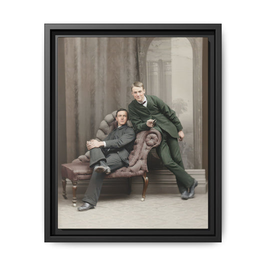 Vintage studio portrait of two figures with chaise lounge framed canvas wall art