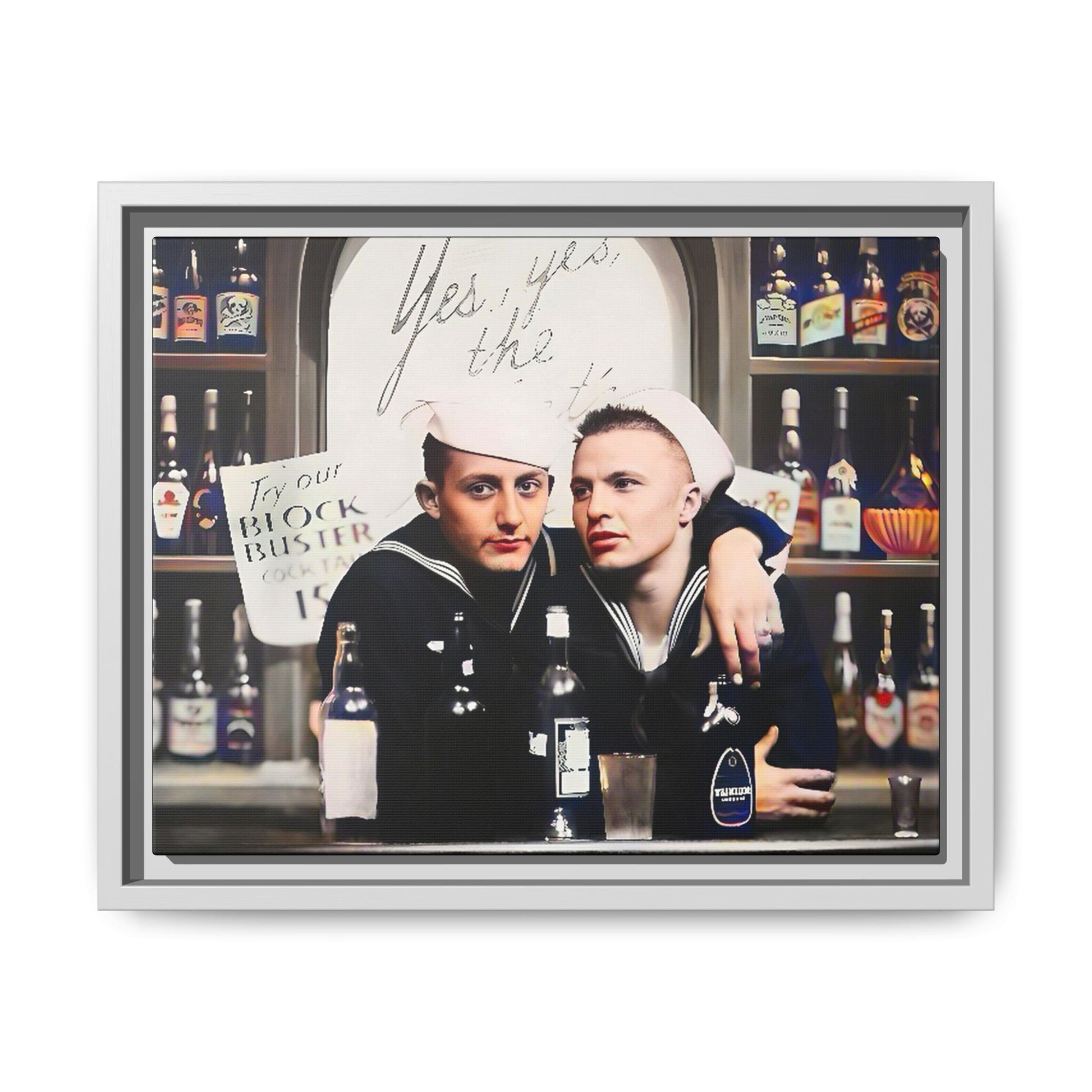 A restored vintage photo of Matt & Cory at Naval Air Station Alameda, CA. This framed matte canvas print captures camaraderie, LGBTQ+ history, and the spirit of military service, making it a unique and nostalgic keepsake for history lovers. Gay Couple Sailors